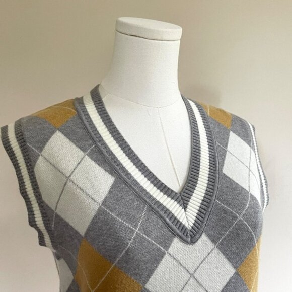 Sweater Knit Vest Dress Argyle V Neck Womens S Academia Preppy Y2K Schoolgirl - Picture 5 of 10